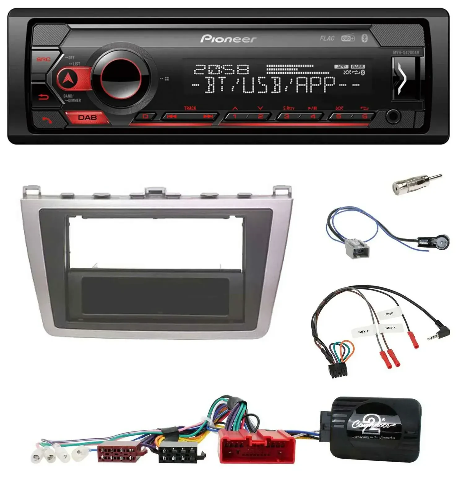 Автомагнитола Pioneer USB, DAB, Bluetooth, поддержка управления на руле для Mazda 6 (2008–2012), серебристый/чёрный