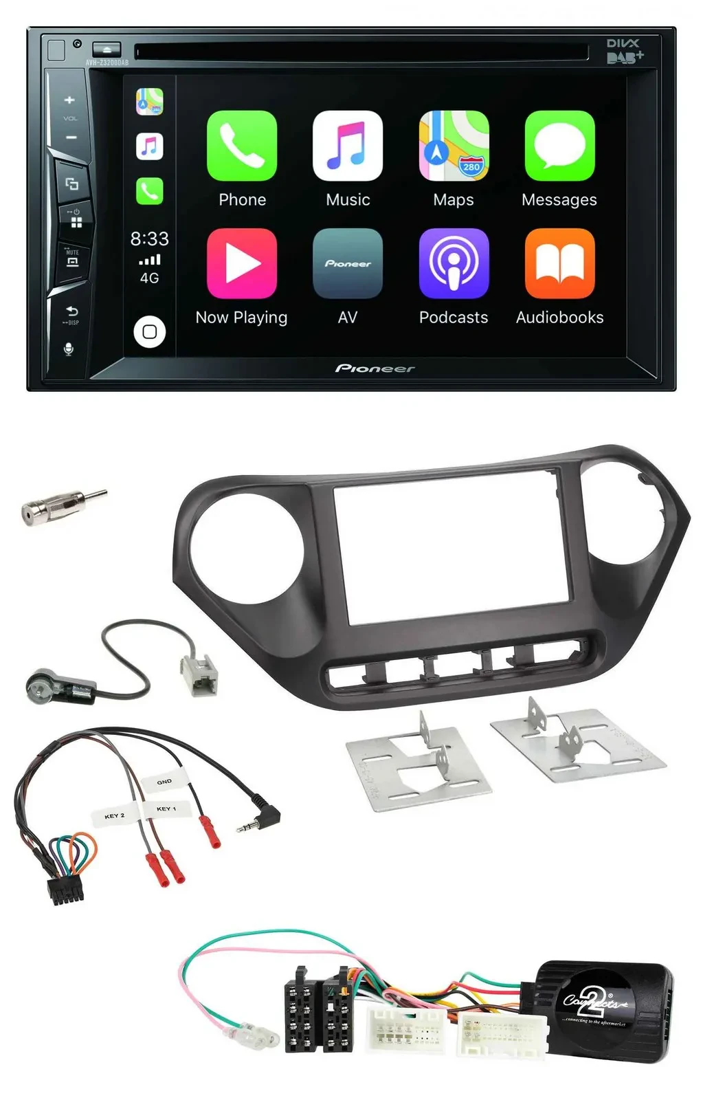 Автомагнитола Pioneer 2DIN, USB, DVD, Bluetooth, DAB, для Hyundai i10 (с 2014), поддержка кнопок на руле