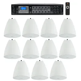 Rockville 6-Zone Amp Receiver+11) White Pendant Speakers For Restaurant/Bar/Cafe