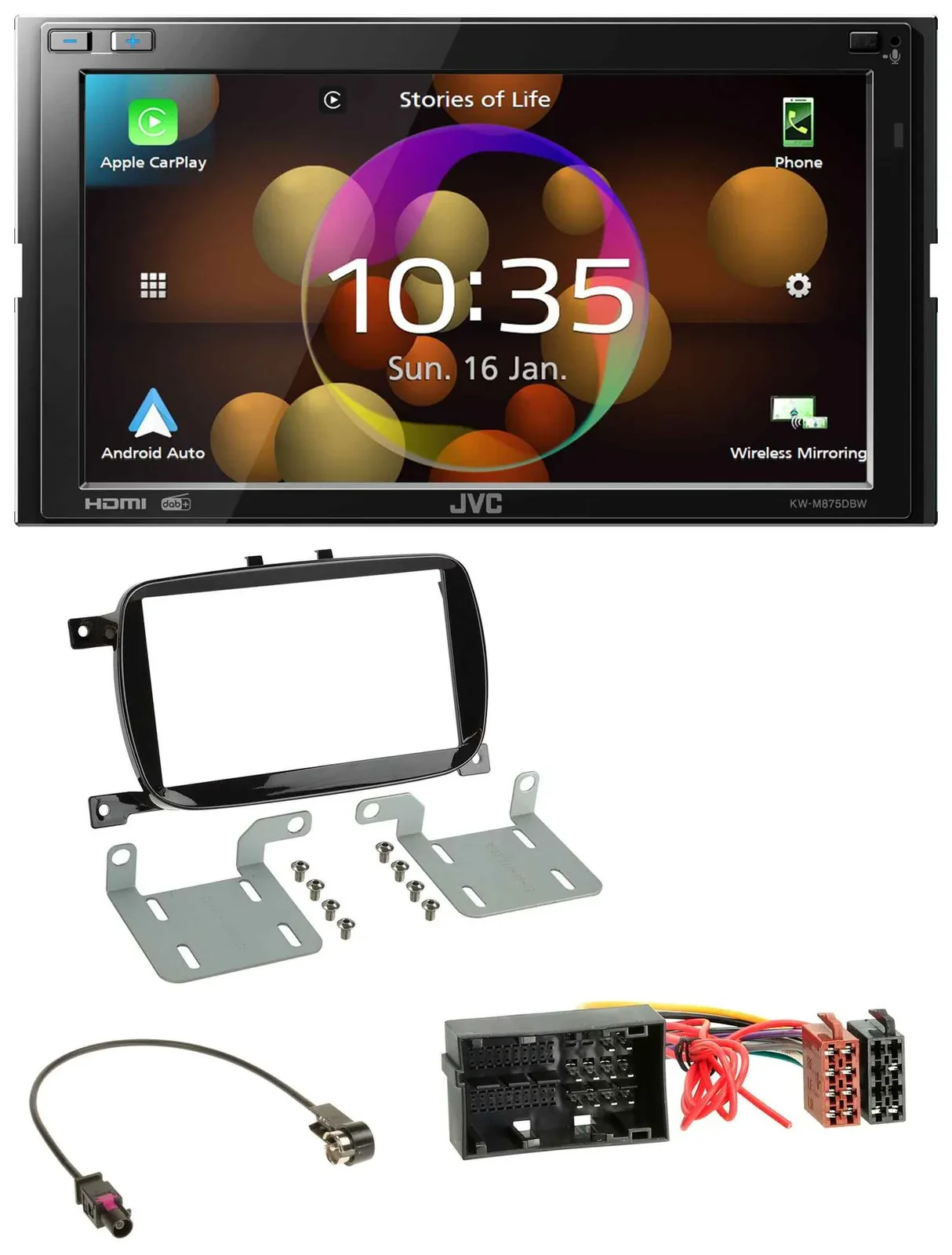 Автомагнитола JVC 2DIN, DAB, Bluetooth, USB для Fiat 500X (с 2016), черный (глянцевый)