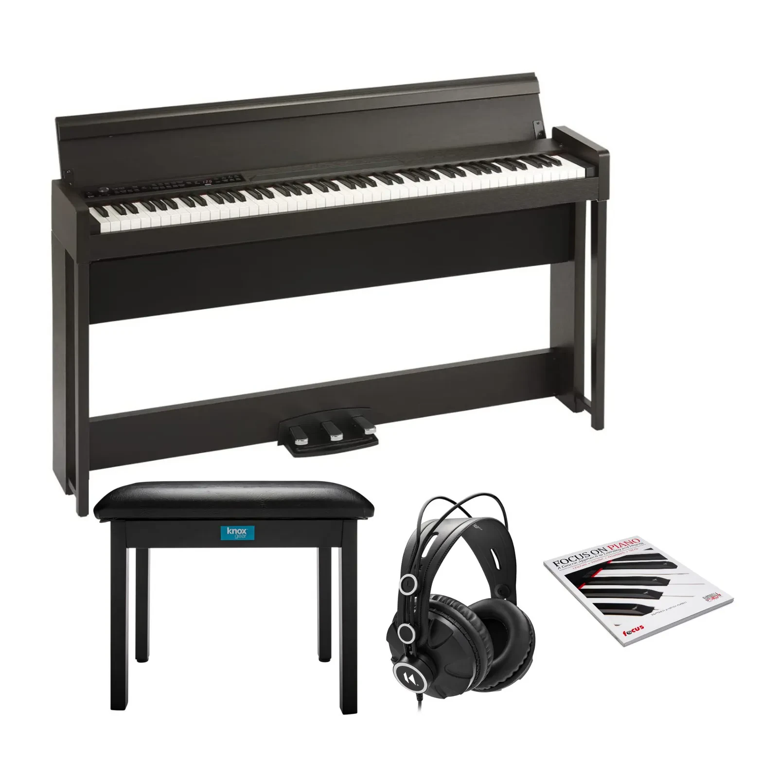 Korg C1 88-Key Digital Piano Rosewood Brown with Headphones Bench and a Book