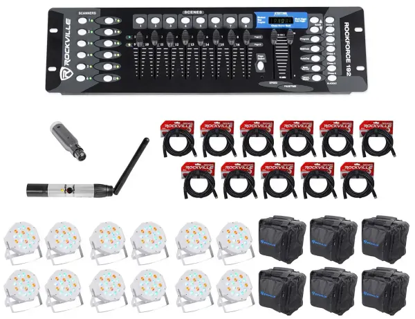 Rockville 192-Channel DMX Controller+Lighting Transmitter+Receiver+12 Par Lights