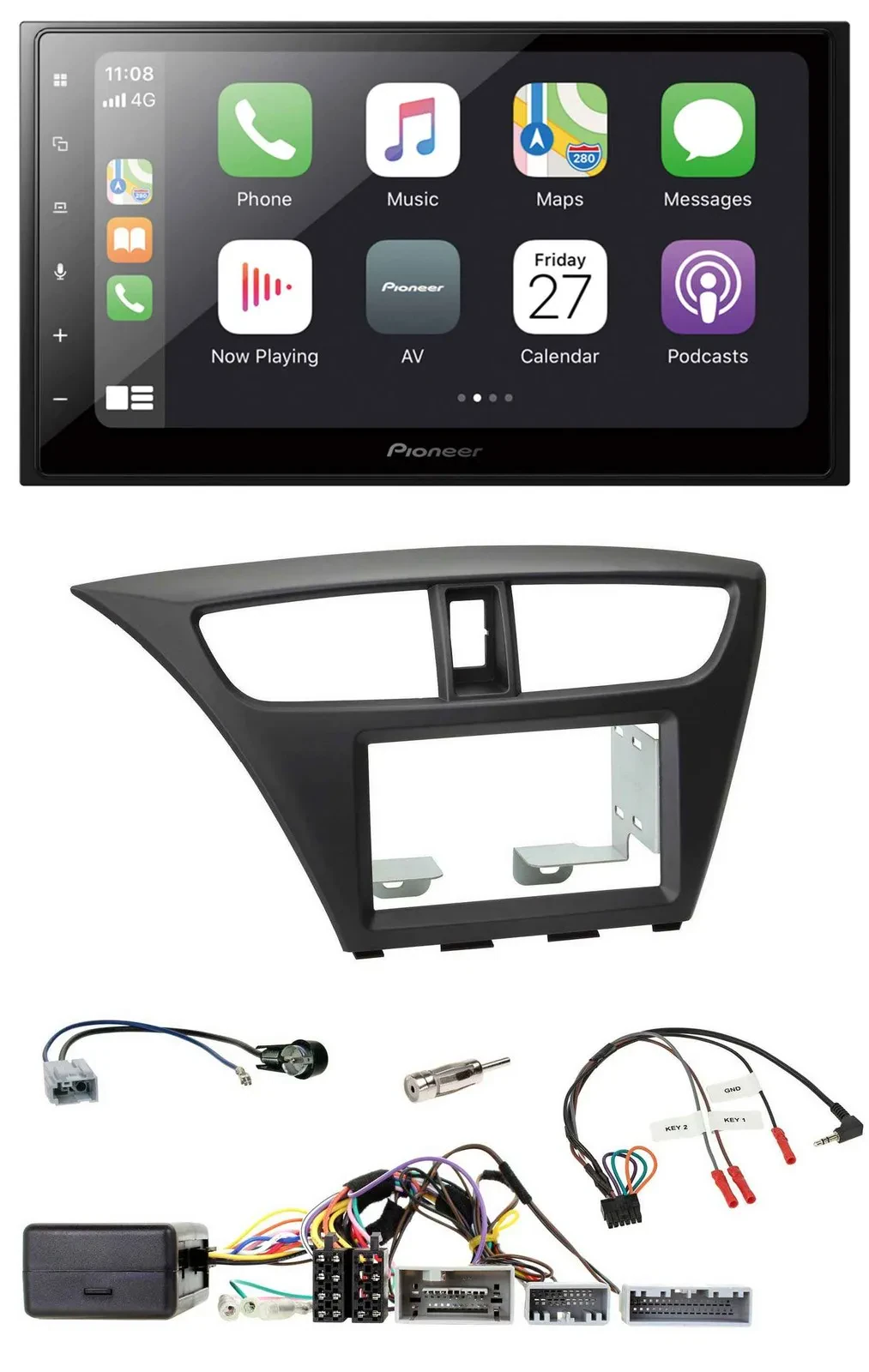Pioneer Lenkrad Bluetooth DAB 2DIN USB Autoradio für Honda Civic ab 12 schwarz