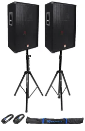 (2) Rockville RSG15 15” 3-Way 1500 Watt 8-Ohm DJ PA Speaker +Stands +Cables