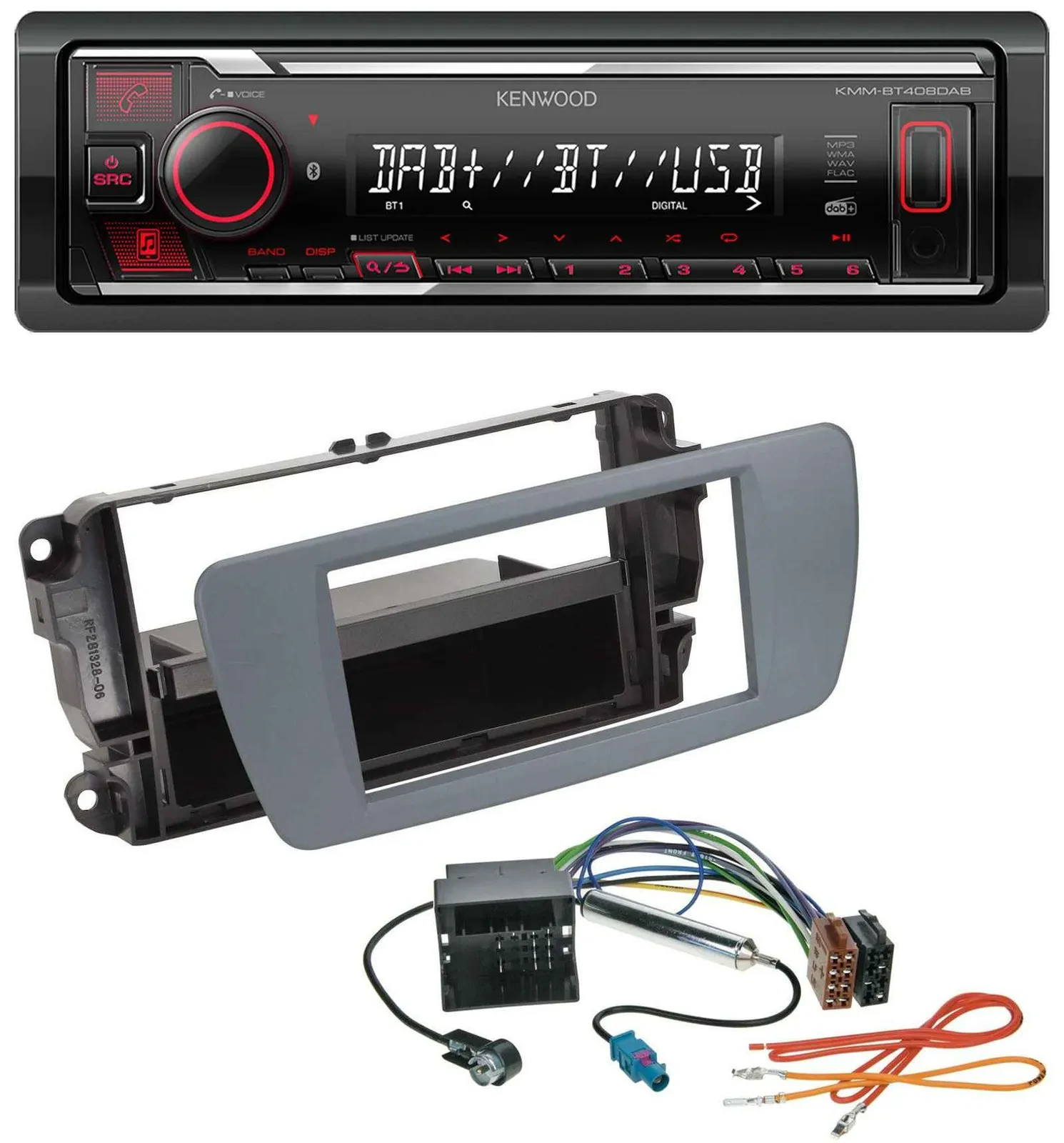 Автомагнитола для Seat Ibiza (с 2008) Kenwood MP3, Bluetooth, USB, DAB, серый