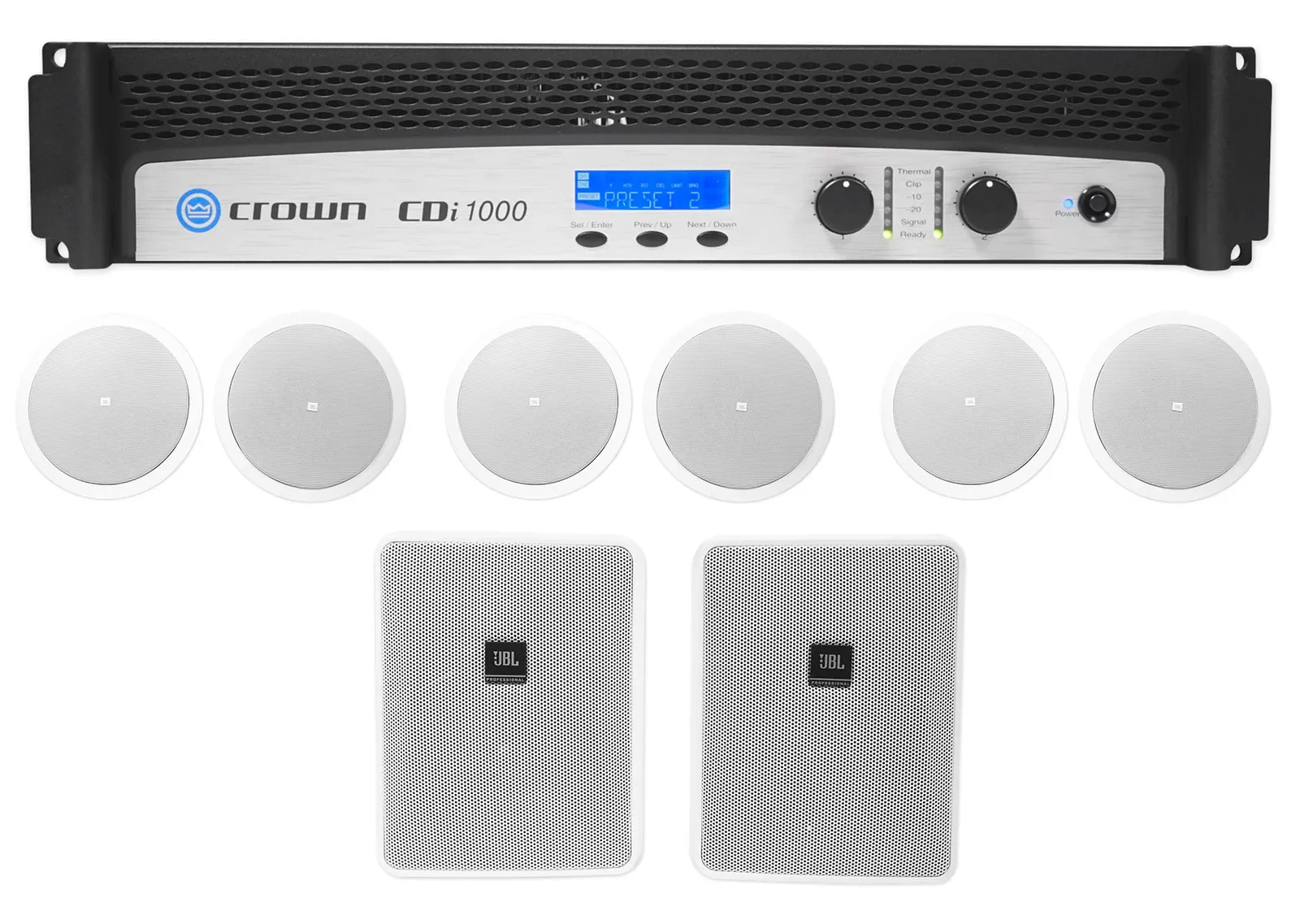 Crown CDi1000 2-Ch 500w 70V Commercial Amplifier+6) JBL Ceiling+2) Wall Speakers
