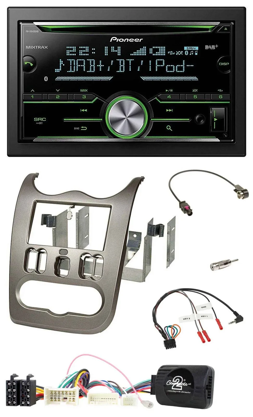 Автомагнитола Pioneer 2-DIN, Bluetooth, DAB, USB, CD, для Dacia (с 2012), темно-серебристая