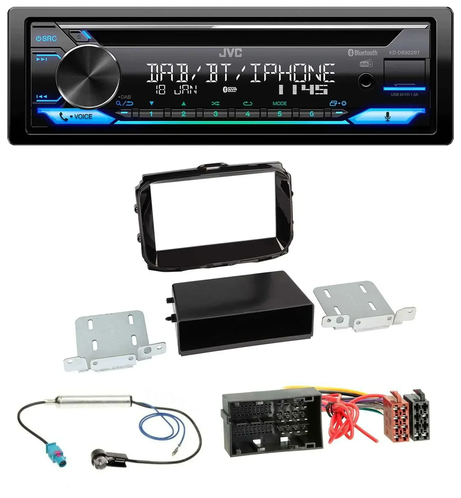 Автомагнитола для Alfa Romeo Giulietta JVC Bluetooth, MP3, USB, DAB, CD (52-pin), черный (piano black)