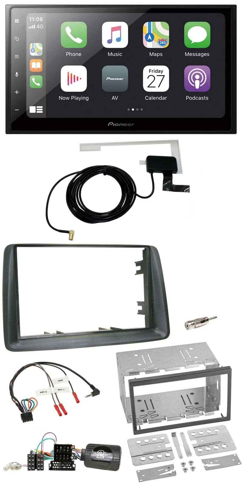 Pioneer USB Lenkrad 2DIN Bluetooth DAB Autoradio für Fiat Panda 2007-2012 grau