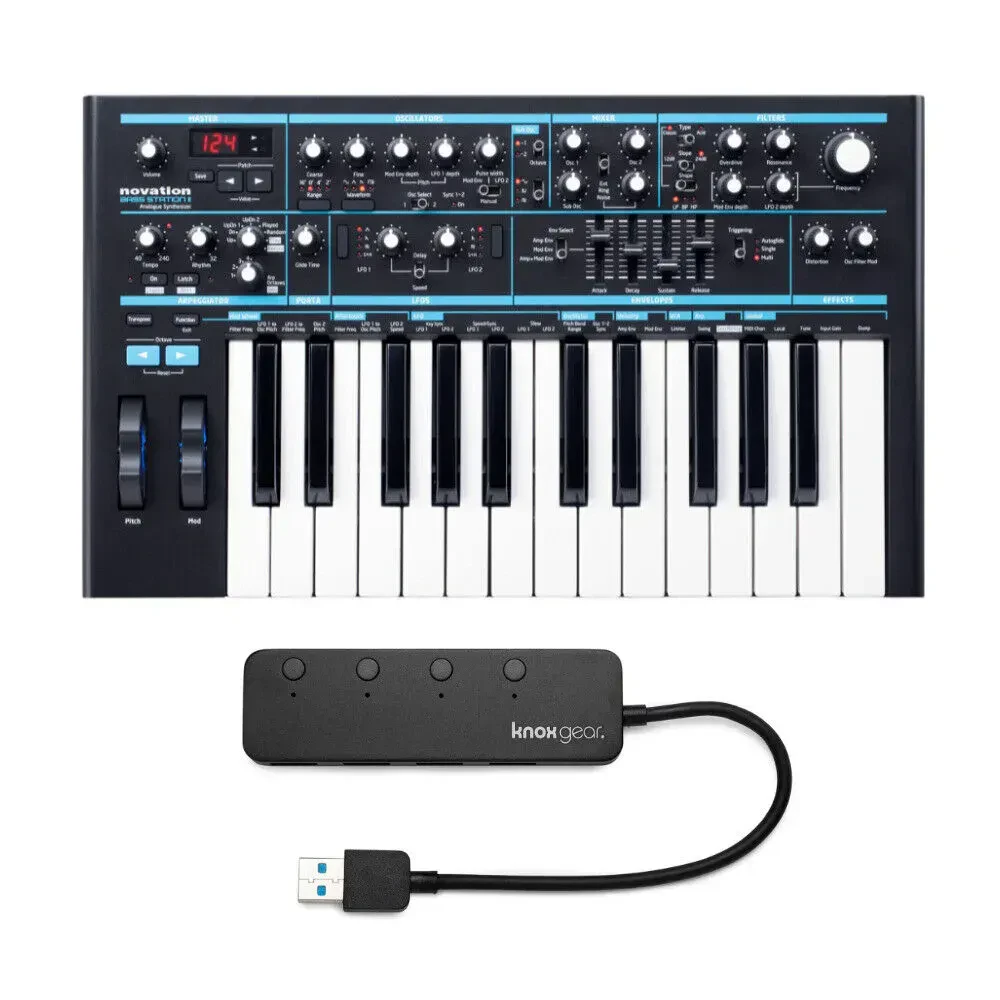 Novation Bass Station II Analog Mono-Synth with Knox Gear 4-Port USB 3.0 Hub
