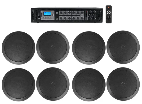 Rockville Commercial Receiver+8) 6.5" 2Way Black Ceiling Speakers 4 Hotel/Office