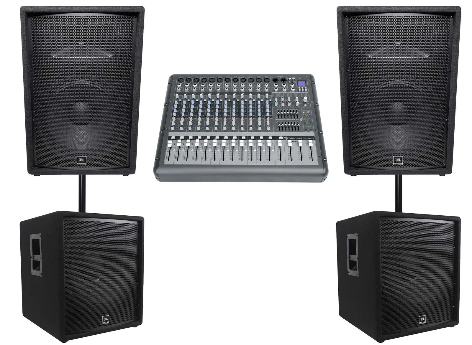 (2) JBL JRX215 1000w 15" DJ P/A Speakers+(2) 18" 1400w Subwoofers+Powered Mixer