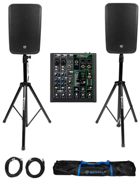 (2) Rockville TITAN 15 15" 2000w DJ PA Speakers/Bluetooth+Mackie Mixer+Stands