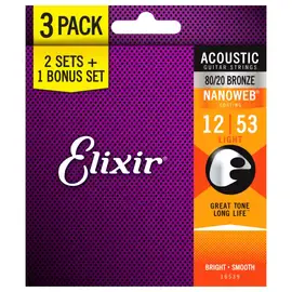 Струны для акустической гитары Elixir 16539 Nanoweb Acoustic Bronze Light 12-53 (3-Pack)
