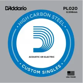 Струна для акустической и электрогитары D'Addario KPL020 High Carbon Steel Custom Singles, сталь, калибр 20