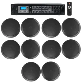 Rockville Commercial Receiver+10 6.5" 2Way Black Ceiling Speakers 4 Hotel/Office