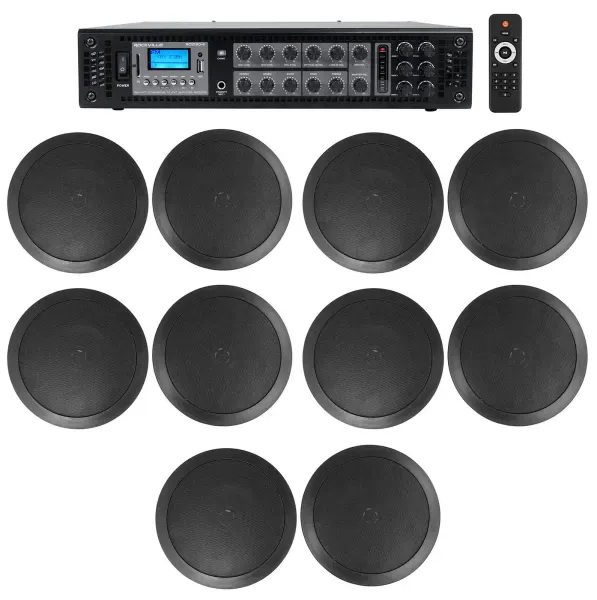 Rockville Commercial Receiver+10 6.5" 2Way Black Ceiling Speakers 4 Hotel/Office