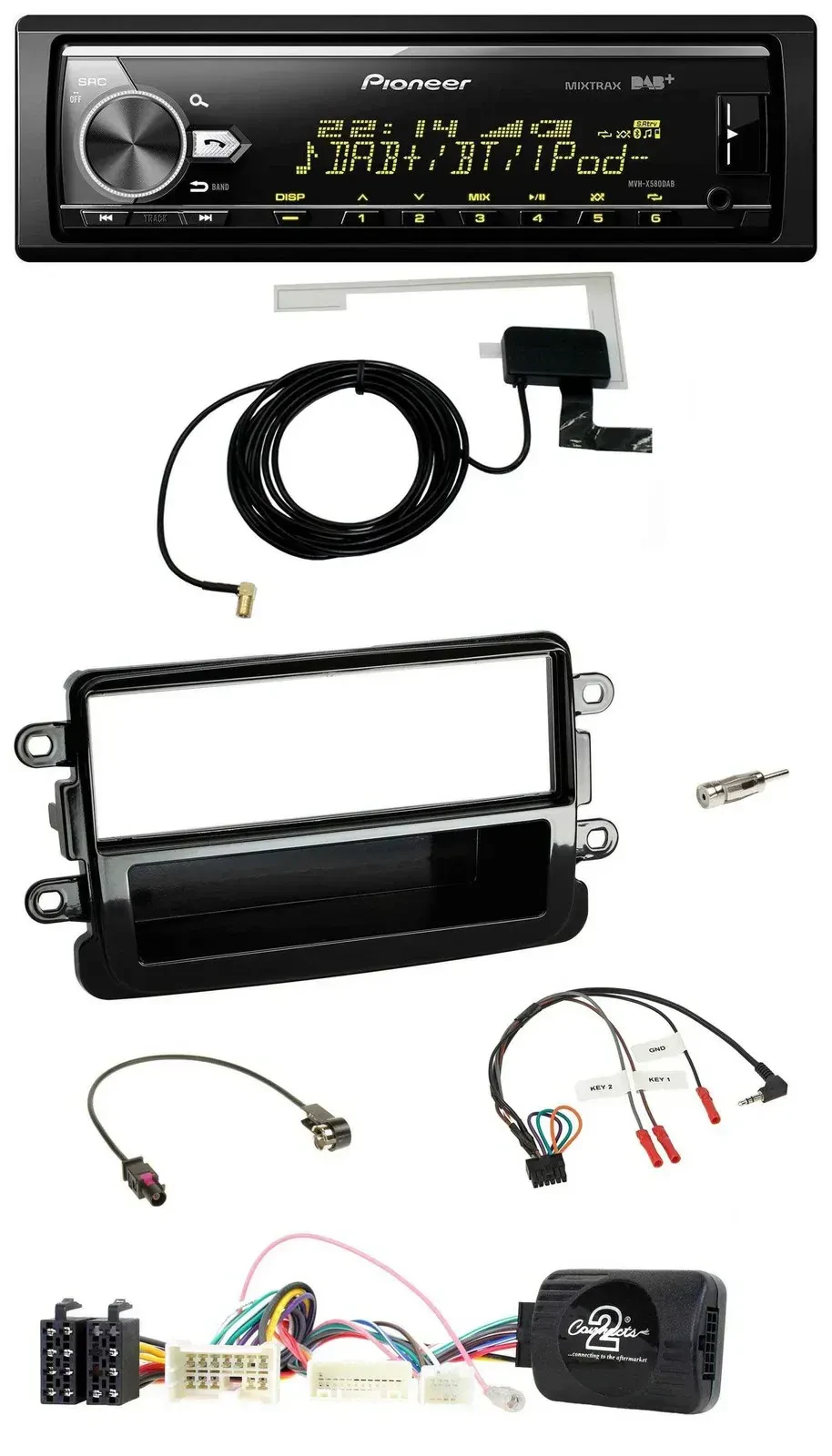 Автомагнитола Pioneer Bluetooth DAB USB для Dacia (с 2012), совместима с кнопками на руле, черный глянец