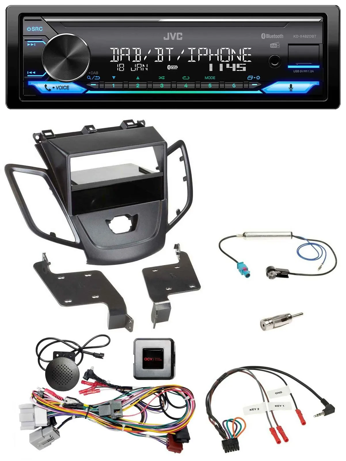 JVC Bluetooth DAB USB Lenkrad Autoradio für Ford Fiesta 10-13 ohne Display schwa