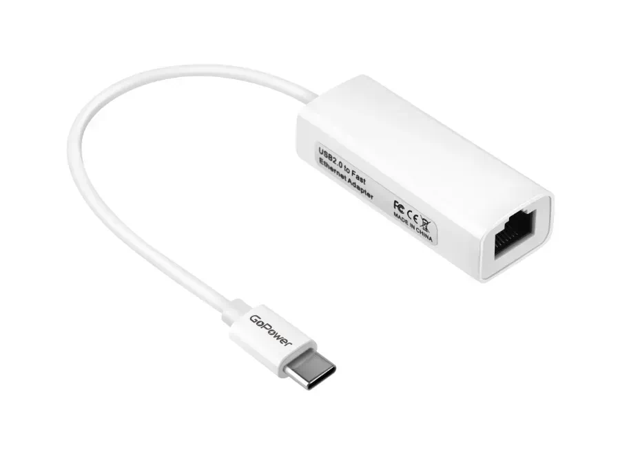 Сетевой переходник GoPower USB-C (m) — RJ-45 (f) 100 Мбит/с белый