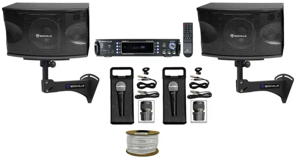 (2) Rockville KPS80 800w Karaoke Speakers+Bluetooth Amp+Wall Mount Brackets+Mics