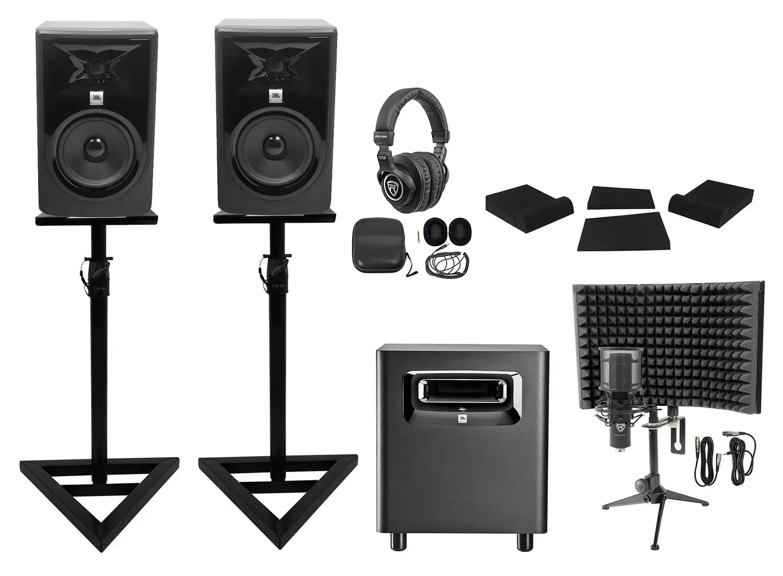 2 JBL 305P MkII 5" Active Studio Monitors+Stands+Subwoofer+Headphones+Mic+Shield