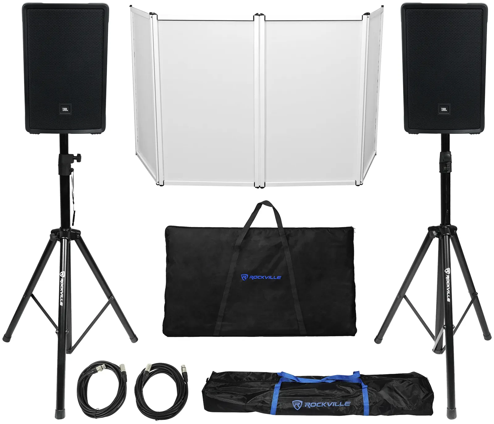 DJ Package (2) JBL IRX112BT 12" 1300w Powered Speakers w/Bluetooth+Stands+Facade