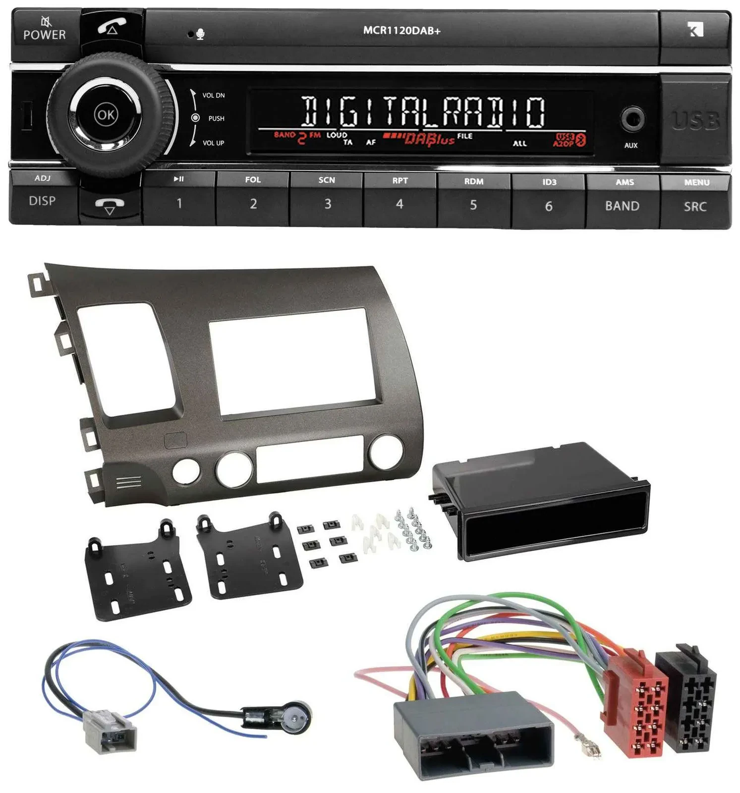 Автомагнитола Kienzle Bluetooth MP3 USB DAB для Honda Civic Hybrid FD3 2006–2010, антрацит