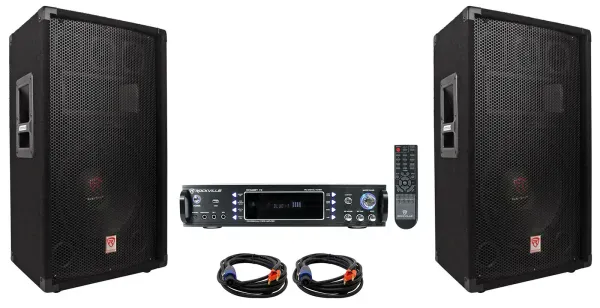 (2) Rockville RSG12.4 12” 3-Way 1000w DJ PA Speakers+Bluetooth Amplifier+Cables