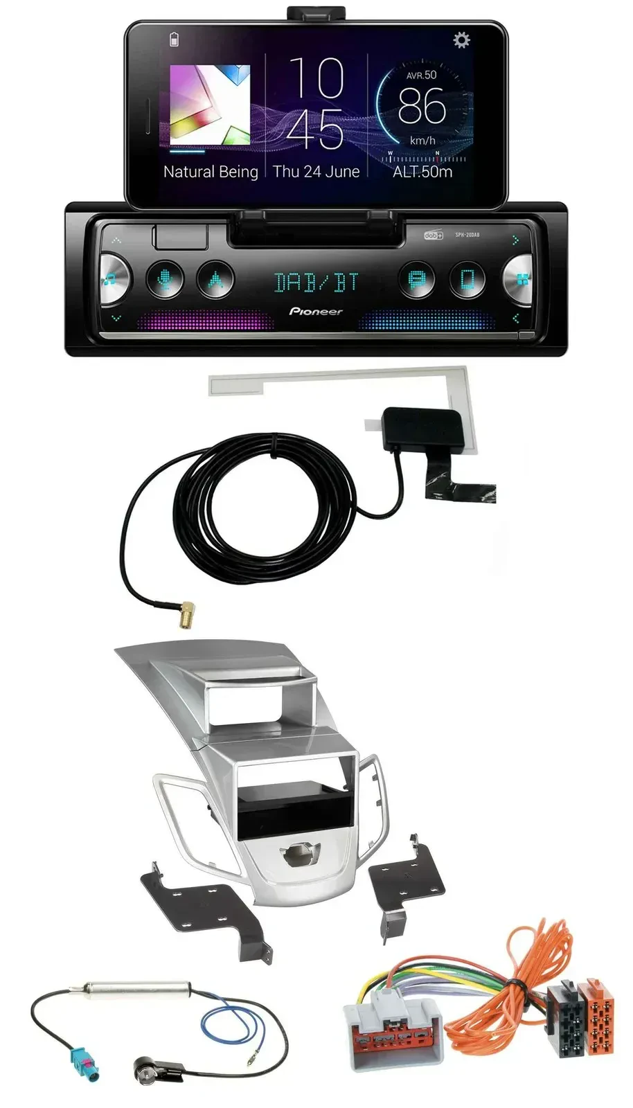 Автомагнитола Pioneer DAB, Bluetooth, MP3, USB для Ford Fiesta (2008–2010), серебристая