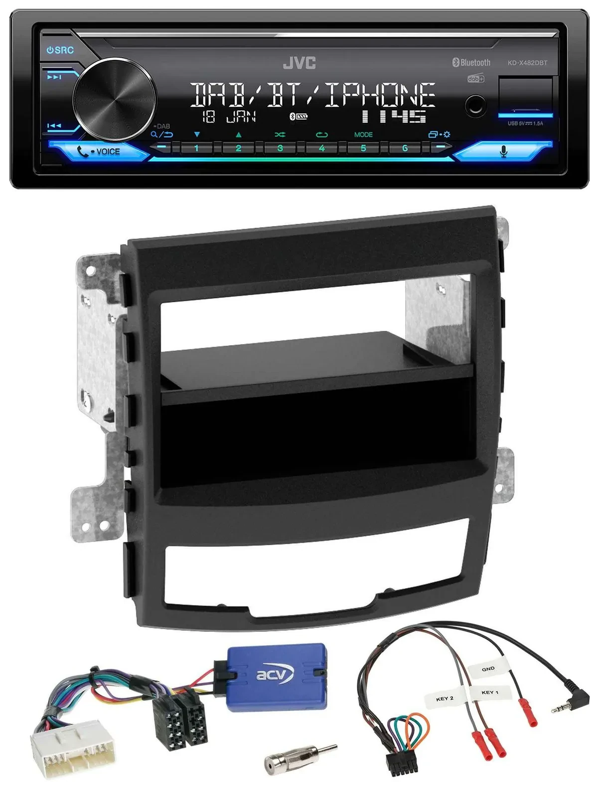 Автомагнитола JVC Bluetooth DAB USB для SsangYong Korando (2010–2013) с поддержкой кнопок на руле