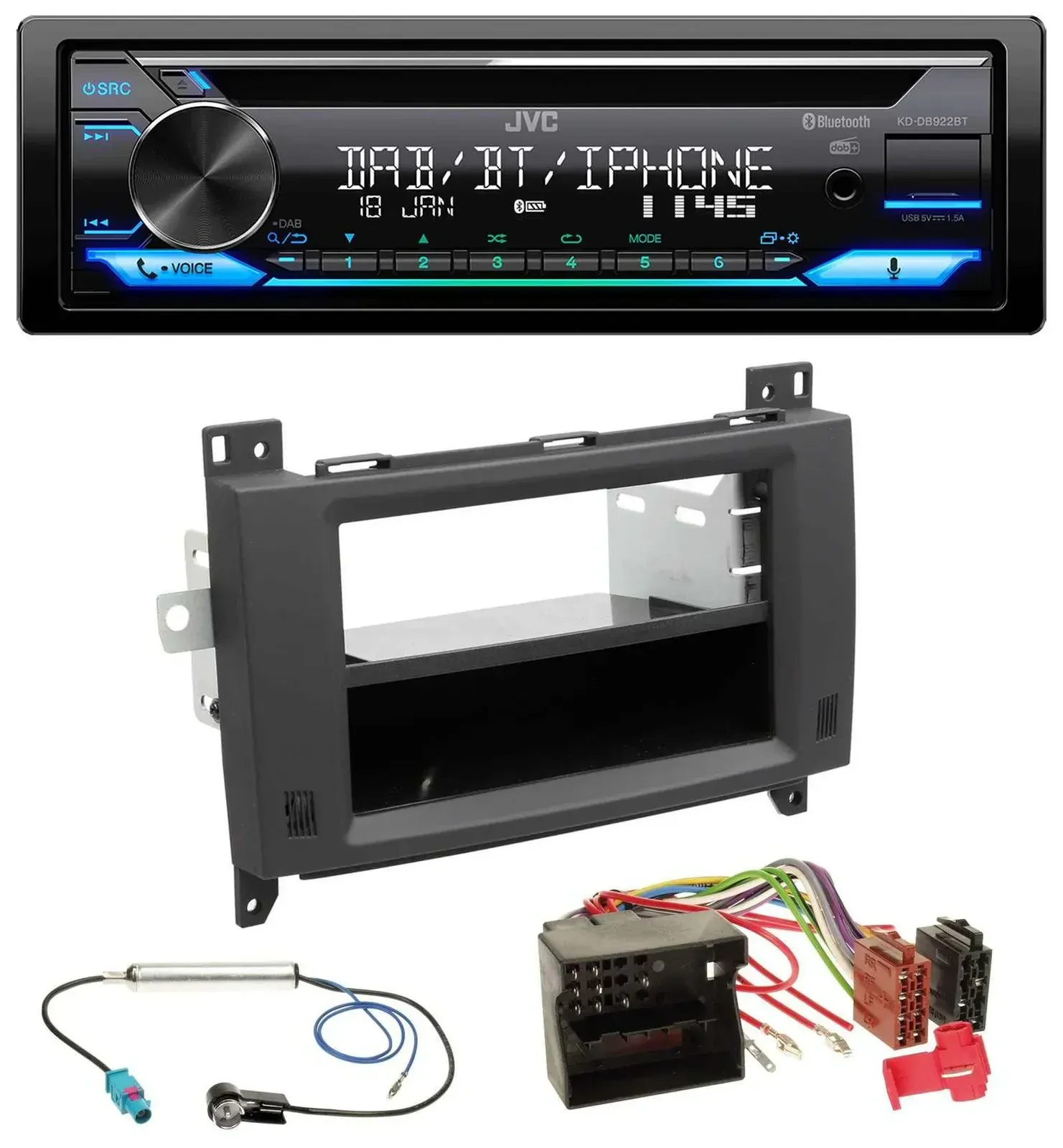 Автомагнитола JVC Bluetooth, USB, DAB, CD для Mercedes Vito/Viano (2006–2014) с покрытием Rubber Touch