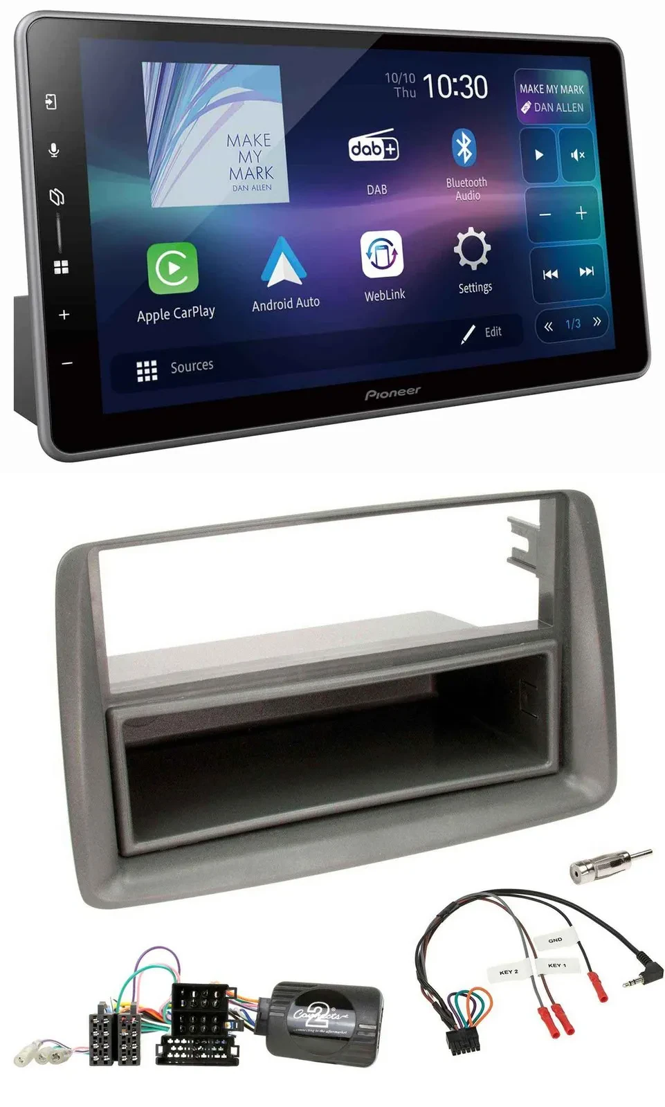 Автомагнитола Pioneer Bluetooth, USB, DAB, поддержка кнопок на руле, для Fiat Panda 169 (2007–2012), серый