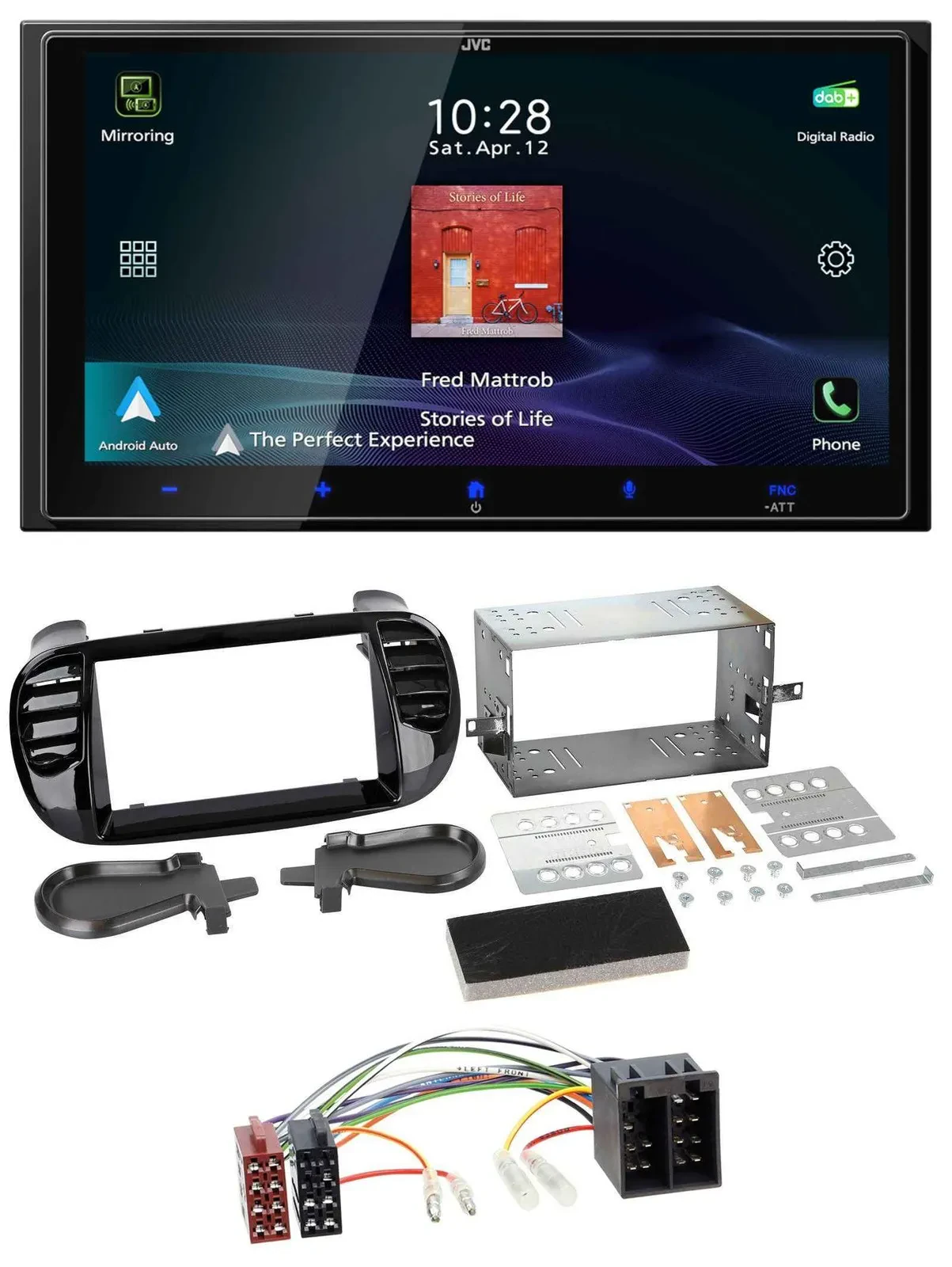 Автомагнитола для Fiat 500 (до 2012) JVC 2DIN, DAB, USB, Bluetooth, MP3, глянцевый чёрный