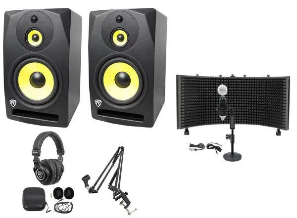 2 Rockville DPM10B 10" 800w Active Studio Monitors+Headphones+Mic+Foam+Stand