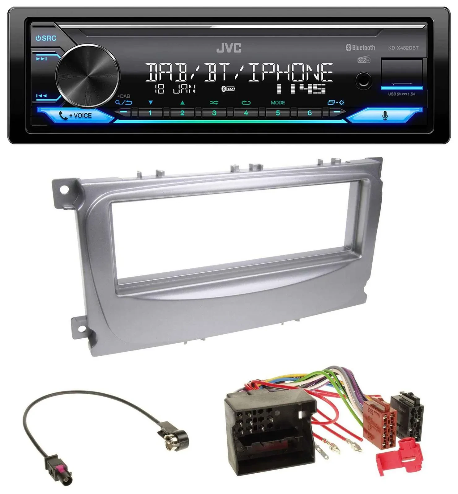 JVC Bluetooth DAB USB MP3 Autoradio für Ford Galaxy C-Max Focus ab 2007 silber