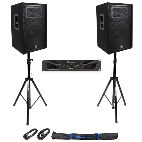 (2) JBL Pro JRX215 15" 2000w 8 Ohm PA/DJ Speakers+Crown Amplifier+Stands+Cables