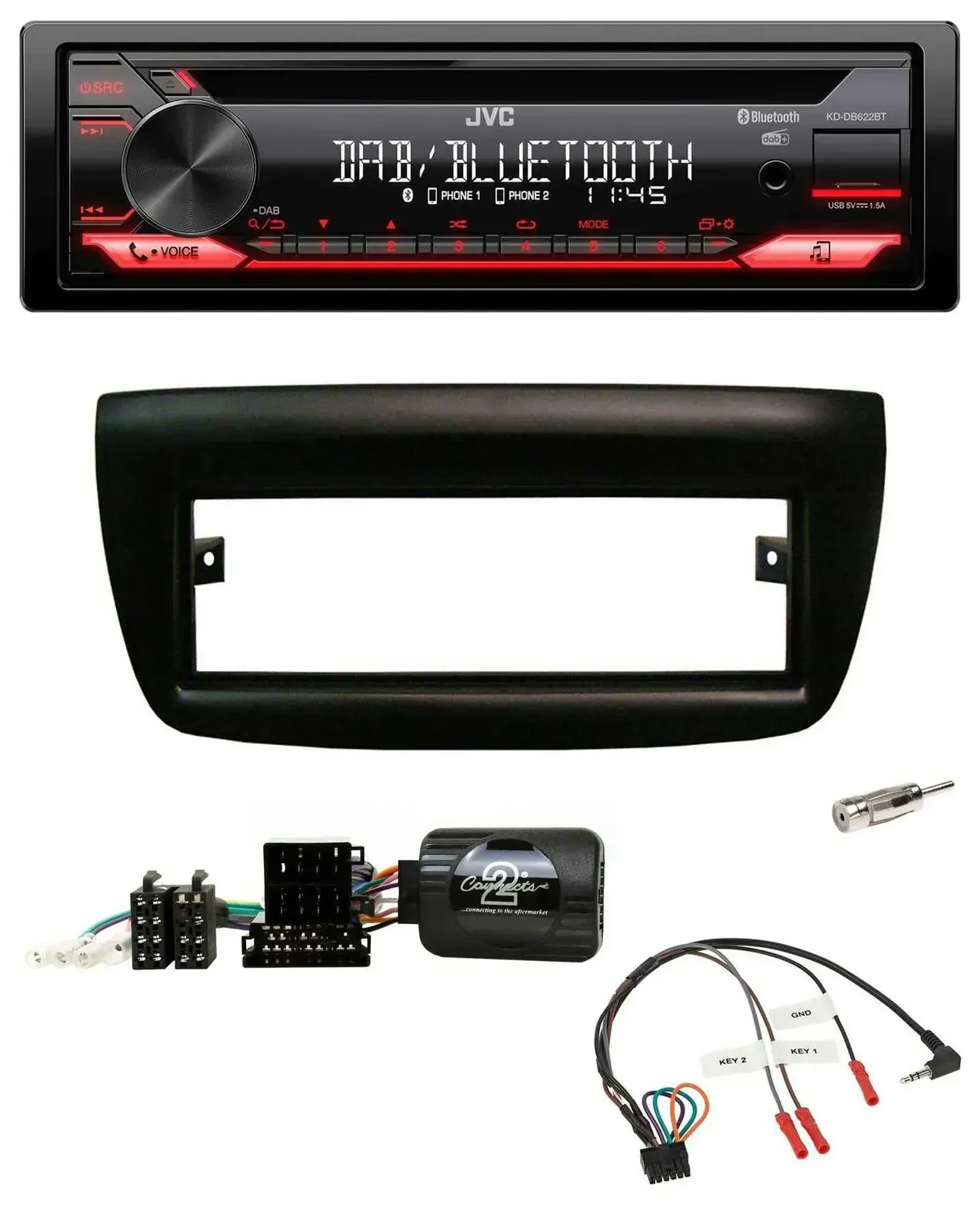 Автомагнитола JVC CD DAB USB Bluetooth для Fiat Doblo 2012–2015, черный, с поддержкой управления с руля