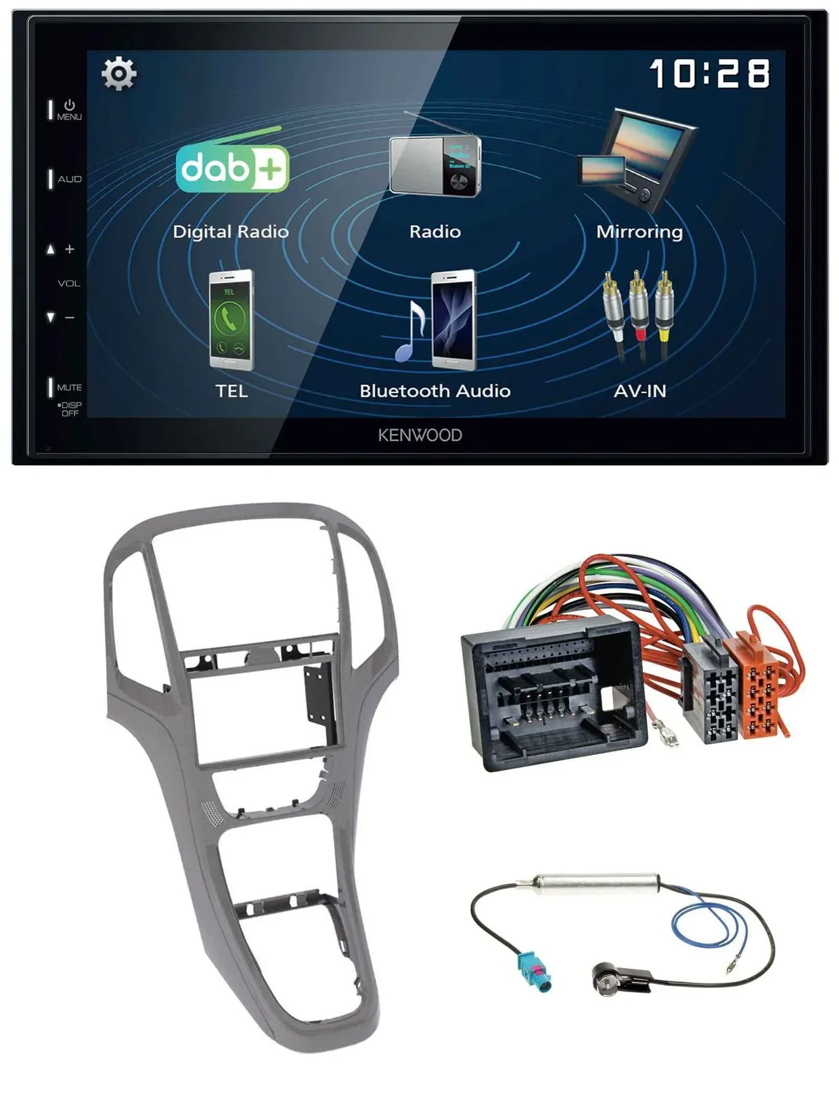 Автомагнитола Kenwood 2-DIN Bluetooth USB DAB для Opel Astra J (с 2009), титаново-серый