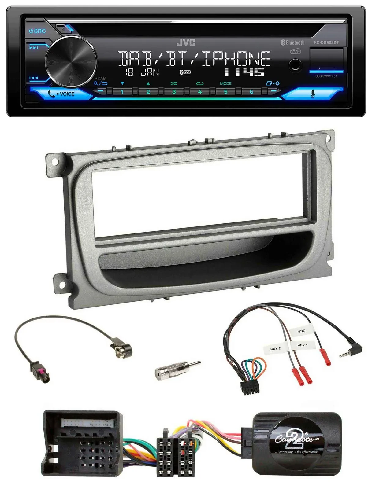 JVC Bluetooth Lenkrad USB DAB CD Autoradio für Ford Mondeo S-Max ab 2007 silber