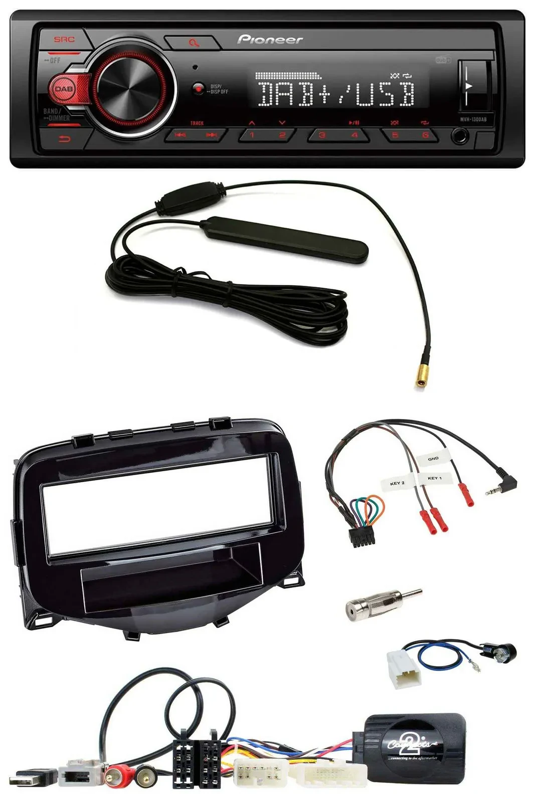 Автомагнитола для Toyota Aygo 2014–2021 Pioneer 1DIN, DAB, USB, MP3, совместима с кнопками на руле