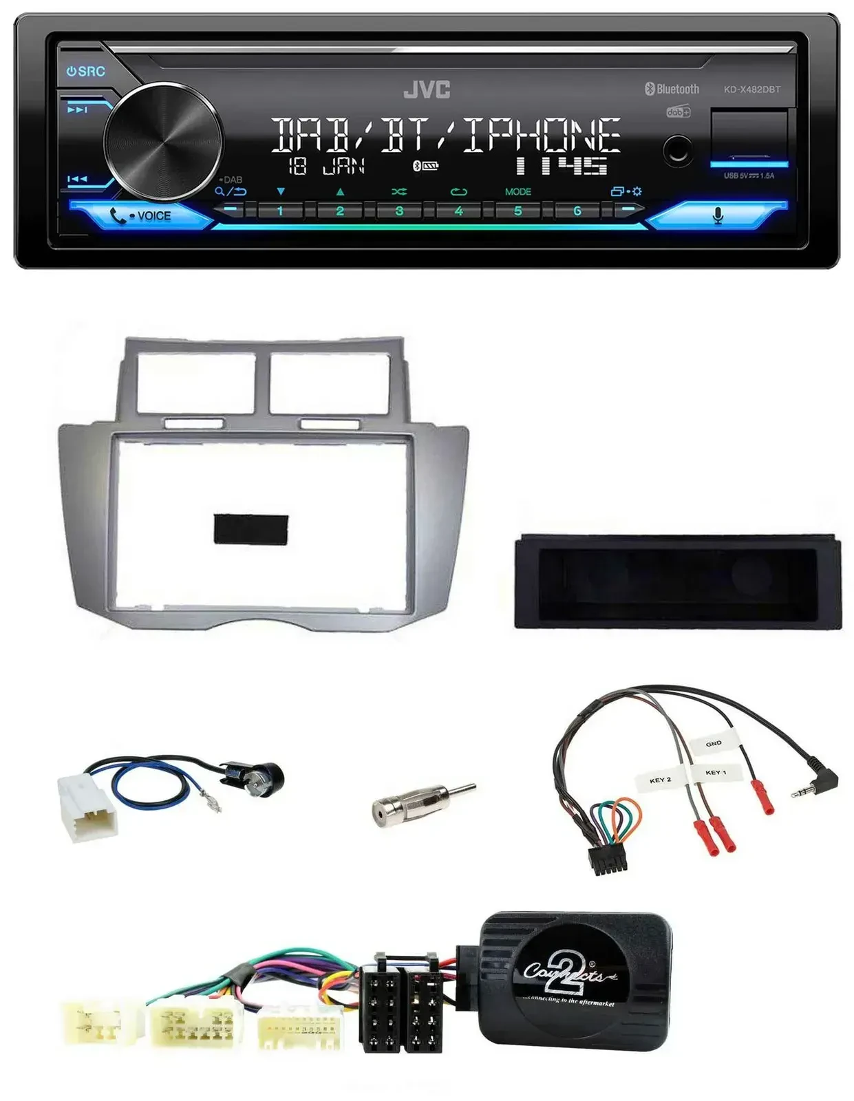 Автомагнитола JVC Bluetooth DAB USB для Toyota Yaris 2007–2011 серебристая