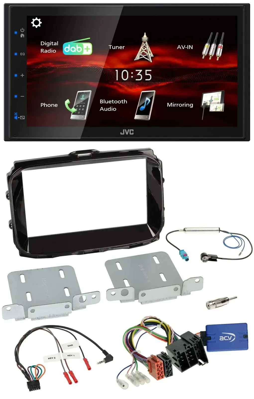 Автомагнитола для Alfa Romeo Giulietta (2013–2021) JVC 2-DIN, USB, Bluetooth, DAB, поддержка кнопок на руле, ISO