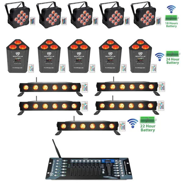 5 Rockville BEST PAR+BEST STRIP+ROCKWEDGE Wireless DMX Battery Lights+Controller