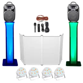 DJ Package w/Dual 8" Bluetooth Speakers+Mic+Tripod+Totem Stands+Facade+Lights