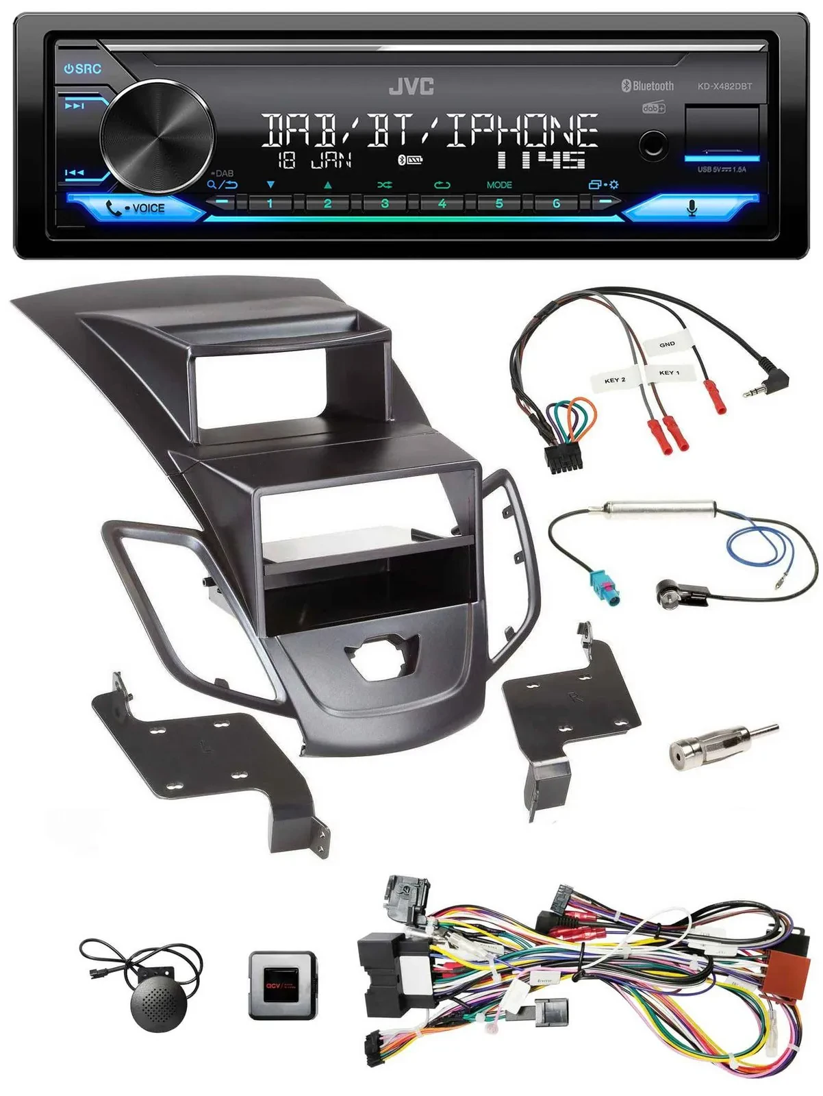 JVC Bluetooth DAB USB Lenkrad Autoradio für Ford Fiesta 08-10 Display schwarz