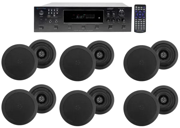 (6) Zone Bluetooth Receiver+12) 5.25" Black Ceiling Speakers For Restaurant/Bar