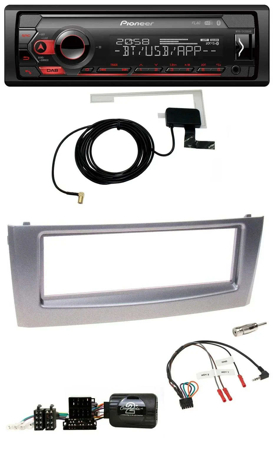 Автомагнитола для Fiat Grande Punto 2006–2010 Pioneer DAB, USB, Bluetooth, поддержка управления на руле, серый