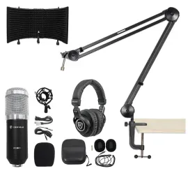 Rockville Studio Microphone+Boom Arm+Desk Clamp+Shock Mount+Headphones+Shield