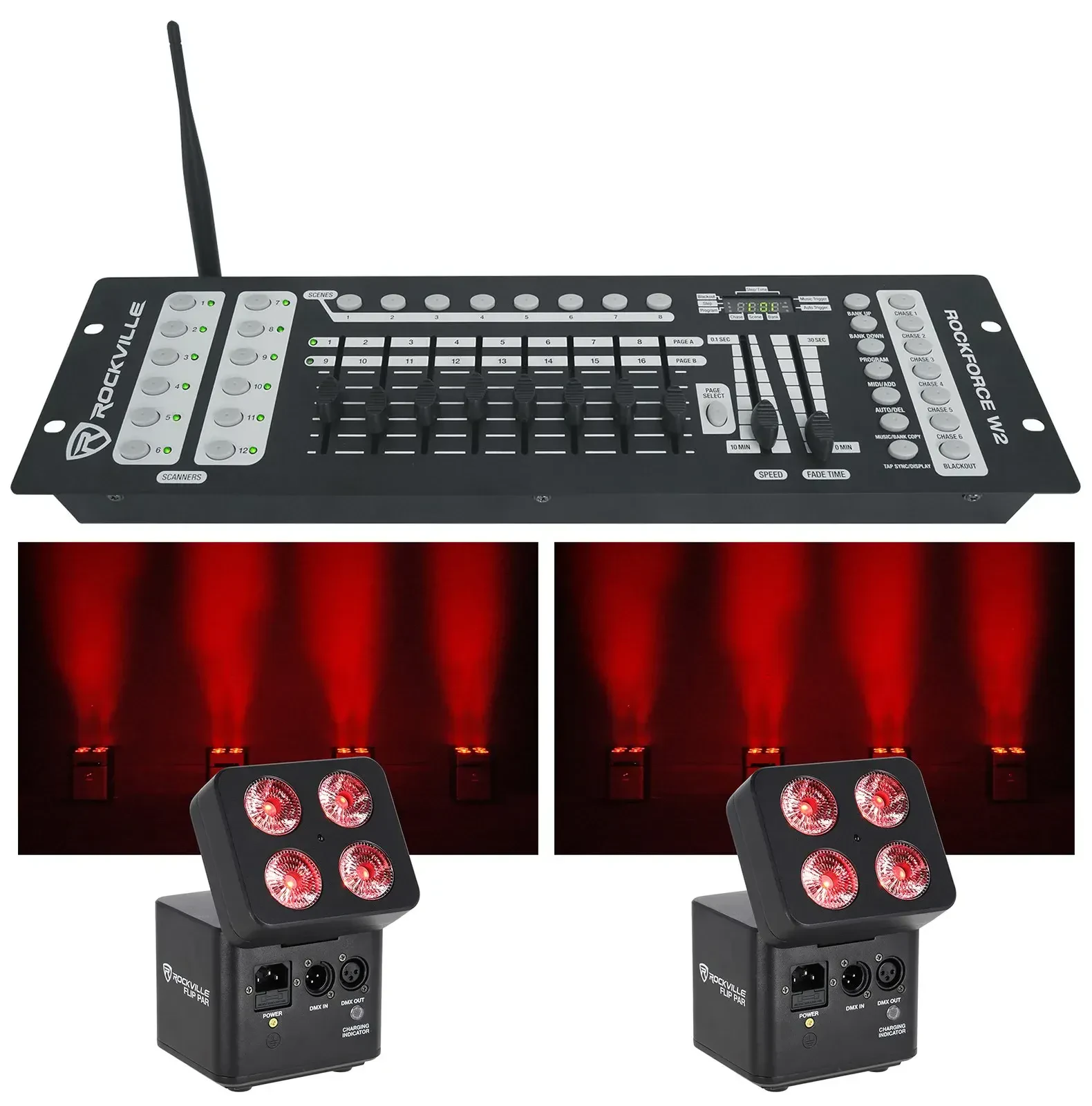 Прожектор Rockville FLIP PAR BLACK + ROCKFORCE W2 (набор, 2 шт.), аккумуляторный, черный, с контроллером Wireless DMX